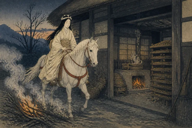 上野原の煙に乗る養蚕女神のイメージ挿絵