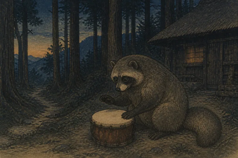 遠野の山に響く狸の太鼓のイメージ挿絵
