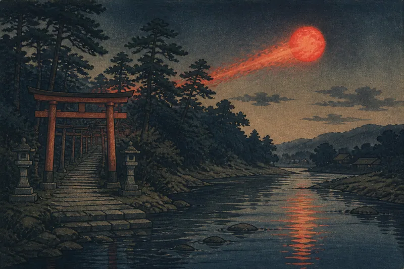 川から神社へ舞い上がる竜燈の火のイメージ挿絵