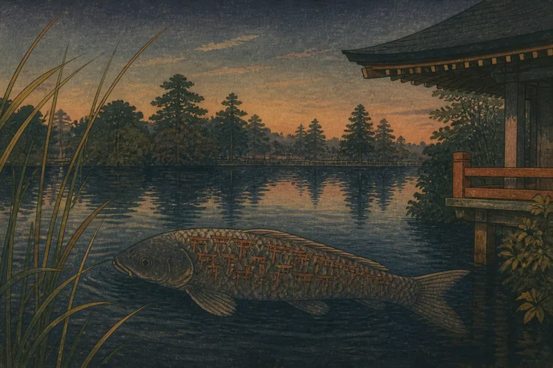 鱗に鳥居が浮かぶ石神井の使者の魚のイメージ挿絵