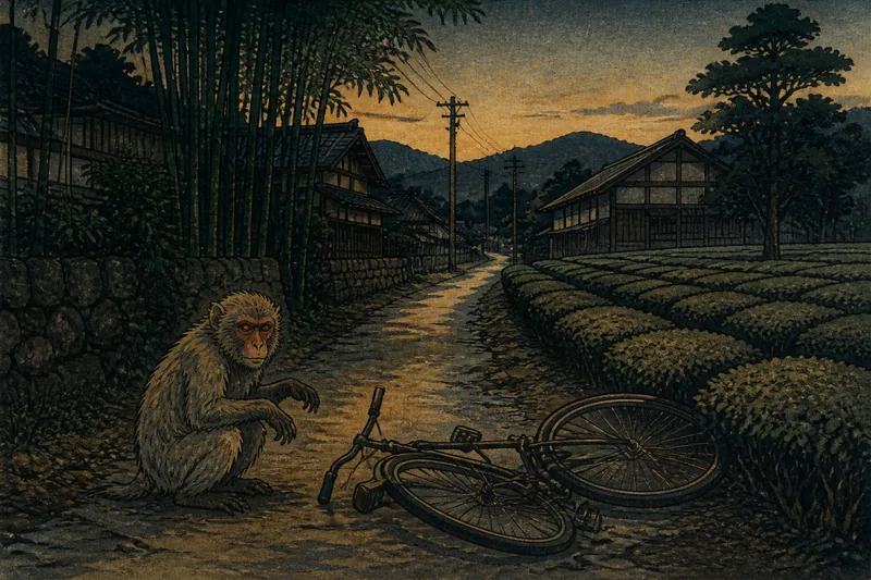 磐田の猿祟りと自転車転倒のイメージ挿絵