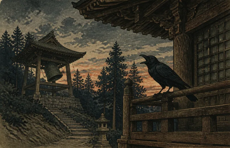 早川の烏鳴きと寺の死の知らせのイメージ挿絵