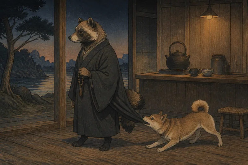 富士の犬に正体を現す化け狸のイメージ挿絵