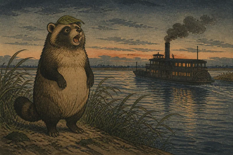 汽船の鳴き真似をするタヌキのイメージ挿絵