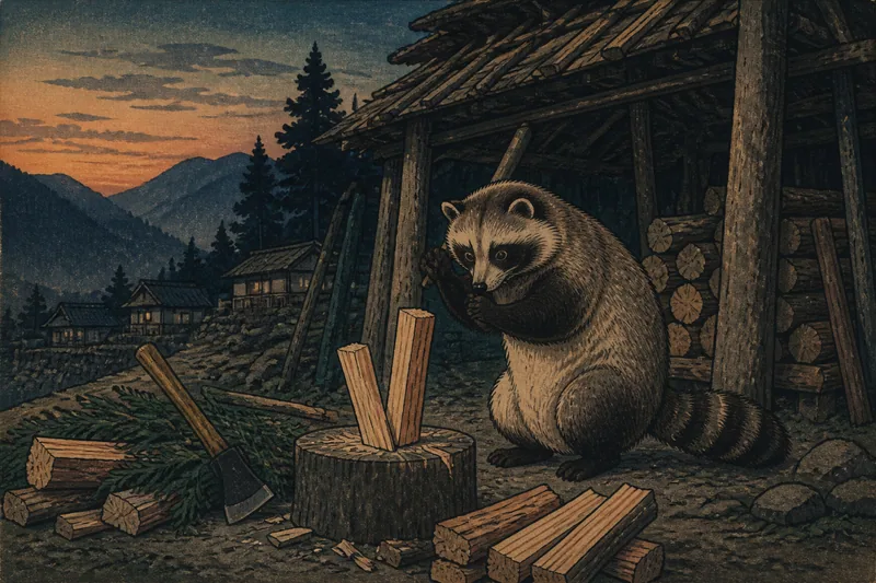 南木曽の伐木音をまねる狸のイメージ挿絵