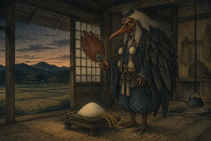 一戸の供物を食べる天狗のイメージ挿絵