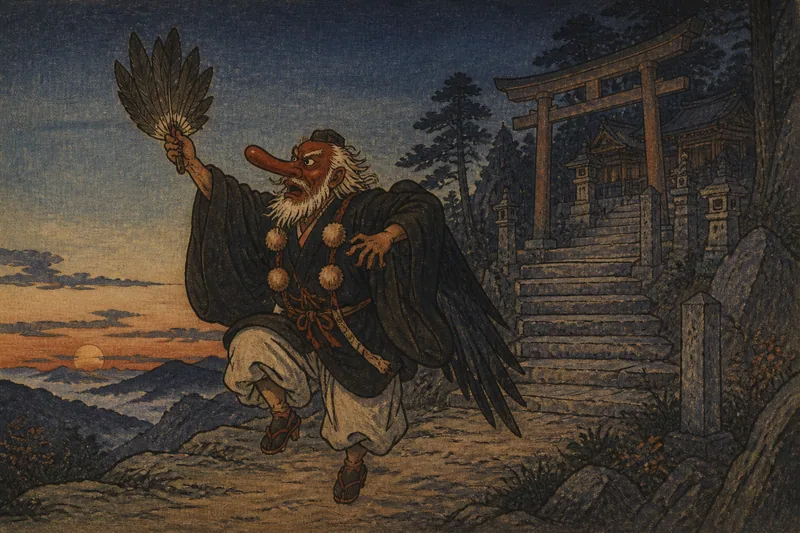 王子の狐と同じ歌を謡って愛宕山で踊る天狗のイメージ挿絵