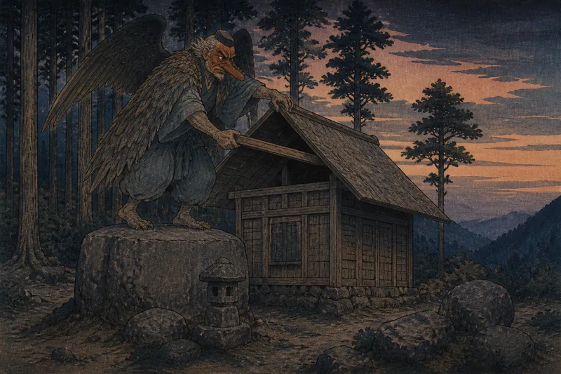 東温の石を奪われ小屋を揺する天狗のイメージ挿絵