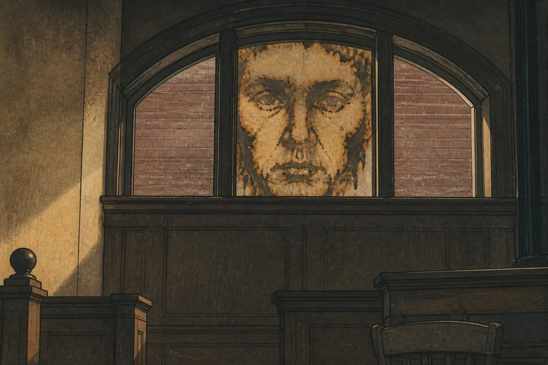裁判所の窓に浮かぶ顔のイメージ挿絵