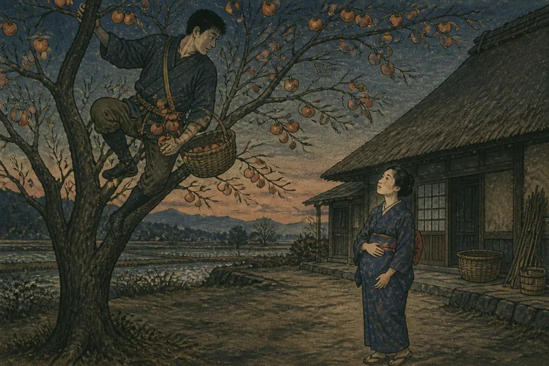 楢葉町の妻の妊娠と夫の柿登りのイメージ挿絵