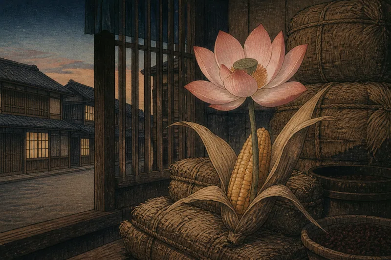 米屋の唐もろこしに咲いた蓮の花のイメージ挿絵