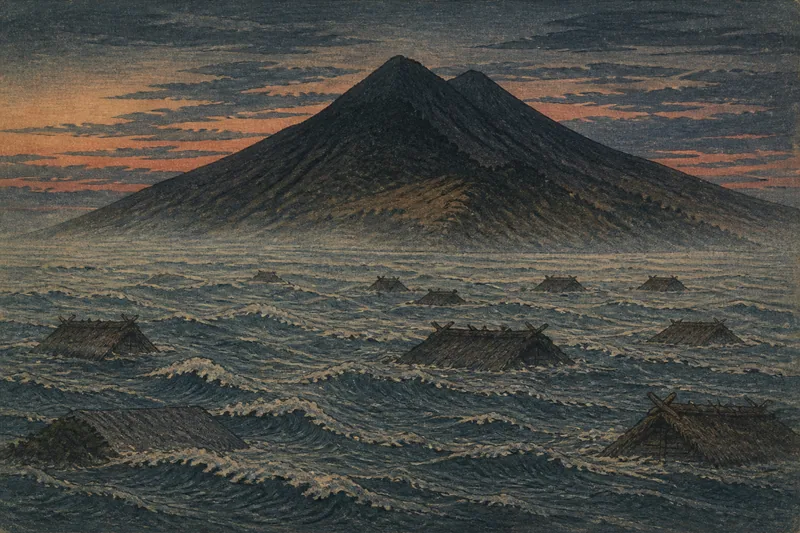 洪水を防いだことによる筑波山の名の由来のイメージ挿絵