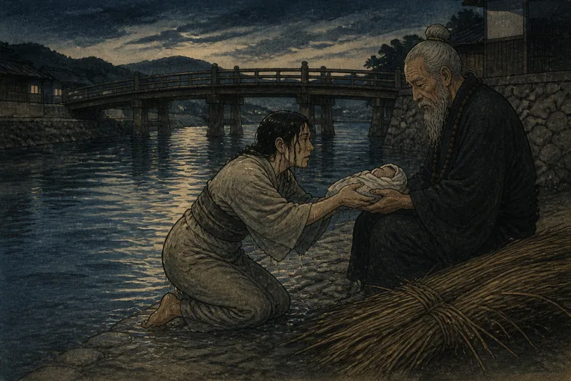 宇和島の川で赤子を抱く産女のイメージ挿絵