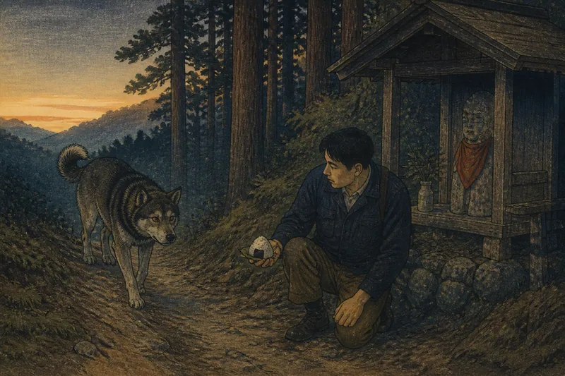 川上の握り飯で退く山犬のイメージ挿絵