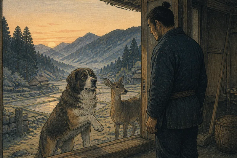中津川の山犬と恩返しの鹿のイメージ挿絵