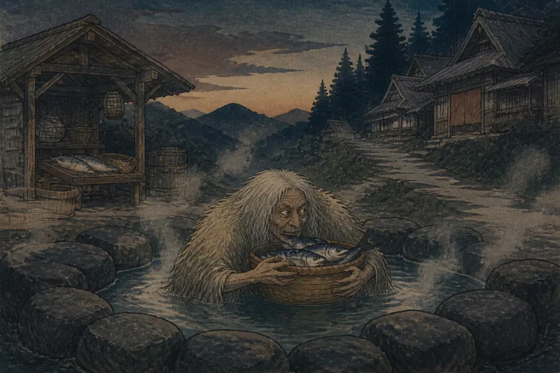 上山の鯖売りと山婆の湯責めのイメージ挿絵