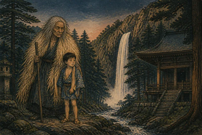 小山の遊女ヶ滝で産む山姥のイメージ挿絵