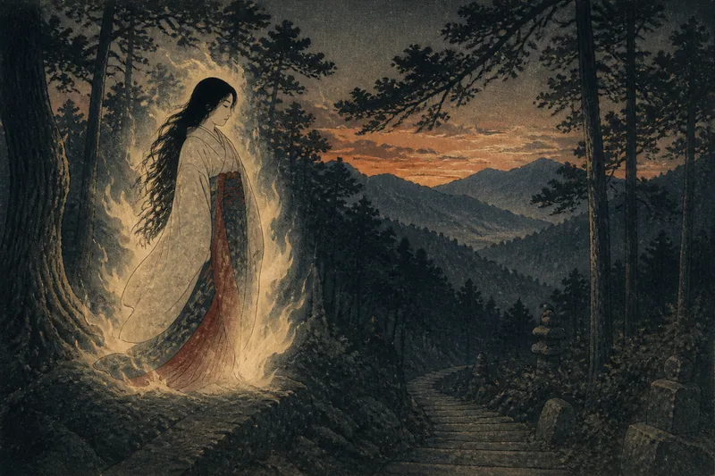熊野の炎に包まれ山へ入る山の神のイメージ挿絵