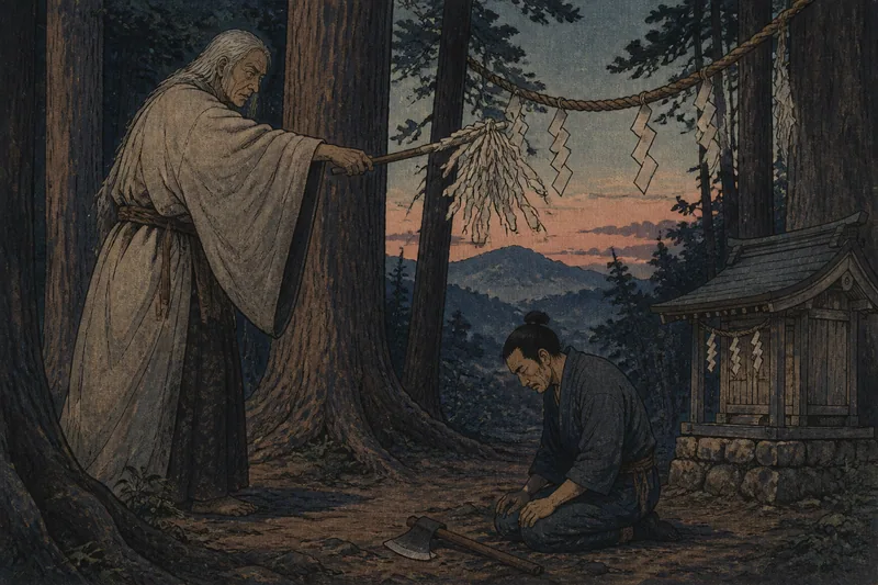 上野原の山の神と伐採前のお祓いのイメージ挿絵
