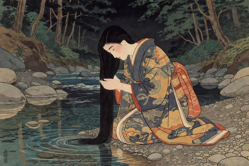 熊野の河原で髪を洗う山の神のイメージ挿絵