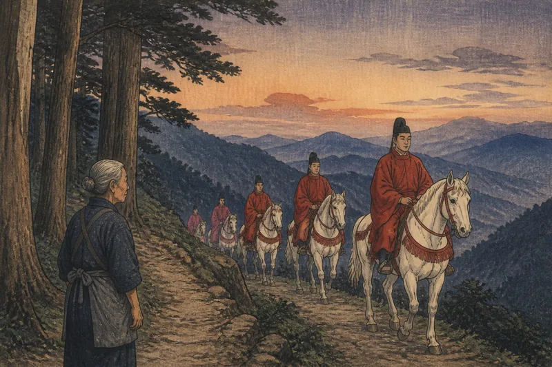 山の神の日に出会った白馬の行列のイメージ挿絵