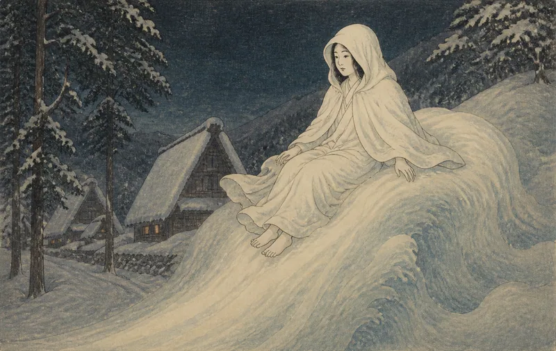 若桜の雪に乗る白い雪女のイメージ挿絵