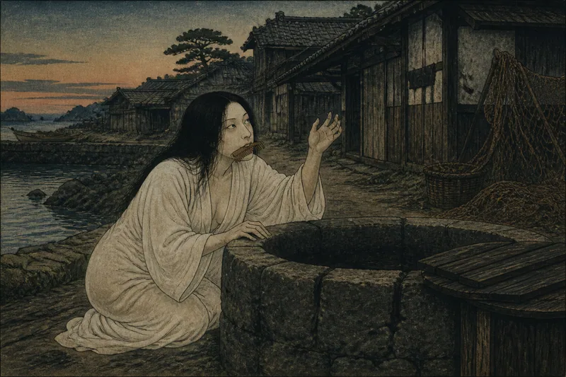 愛南の井戸端で食う女怪のイメージ挿絵